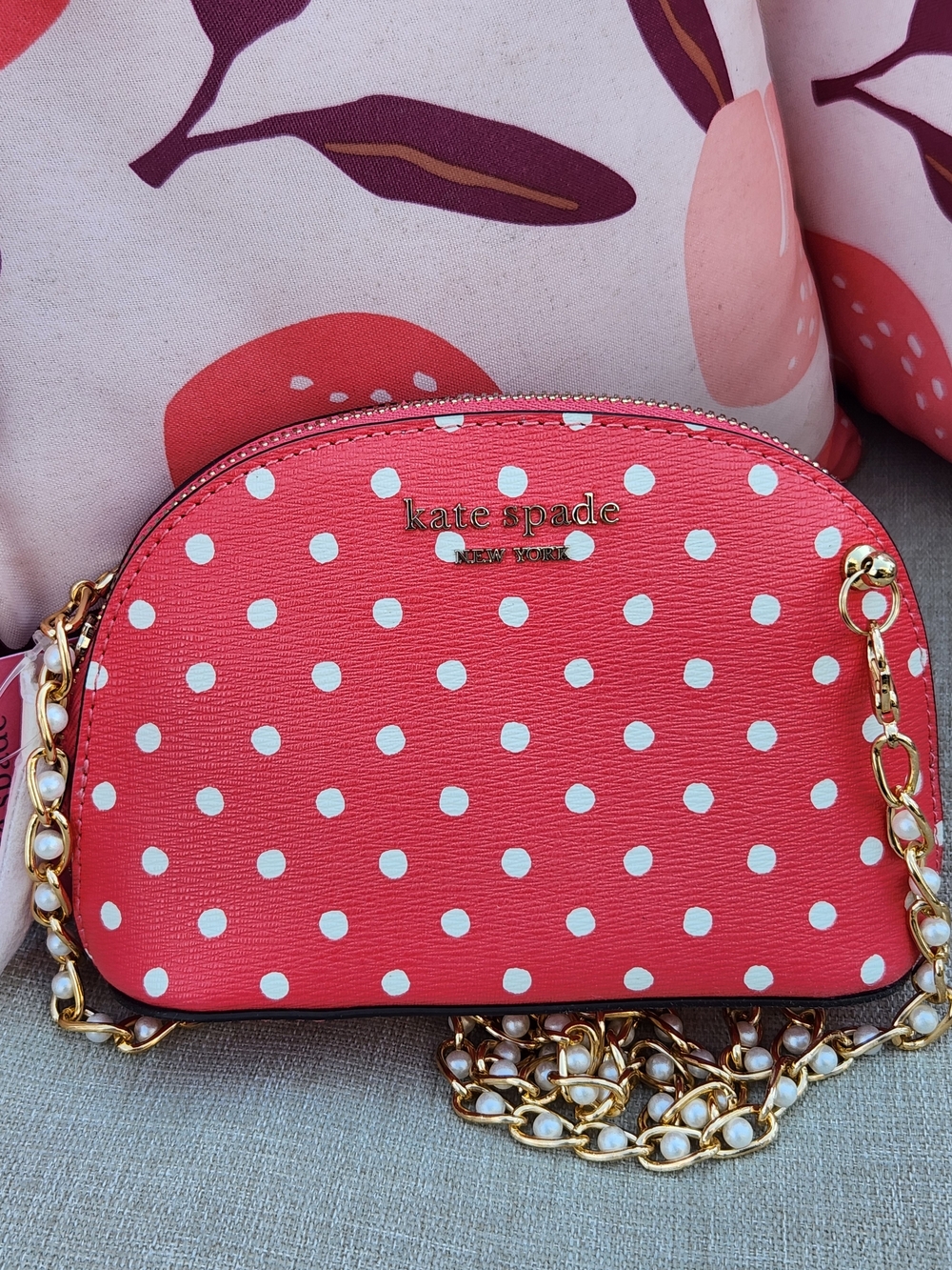 Kate Spade Coral & White Polka Dot Cosmetic Bag Upcycled Crossbody w. Chain NWT - Picture 9 of 16